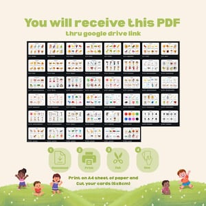 May include: Digital flashcards for download, featuring a grid of illustrated cards on various topics. The image includes text: "You will receive this PDF thru google drive link." Instructions are provided to print the cards on A4 paper and cut them to 6x8cm.