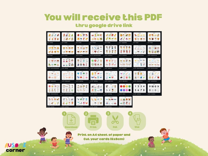 May include: Digital flashcards for download, featuring a grid of illustrated cards on various topics. The image includes text: "You will receive this PDF thru google drive link." Instructions are provided to print the cards on A4 paper and cut them to 6x8cm.