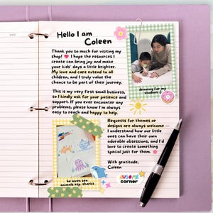 May include: A notebook with lined paper, a photo, and handwritten text. The text reads "Hello I am Coleen" and includes a message about creating resources for children. A black pen rests on the page. Decorative stickers are also present.
