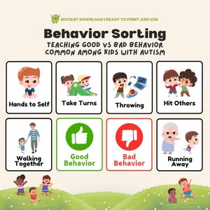 Beteendesorteringskort Barnaktivitet Bra och dåligt beteende Autism Utskrivbara Positivt beteende Förskoleregler Dagis SEL Flashcards