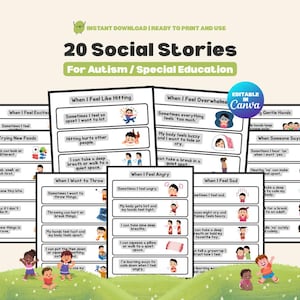 May include: A set of 20 social stories for autism and special education. The printable digital download features illustrated cards addressing feelings like anger, sadness, and excitement. The cards include text such as "When I Feel Angry" and "When I Feel Sad".