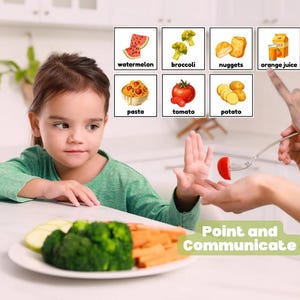 May include: A young child in a green shirt is looking at a plate of vegetables. The image includes illustrated food cards and a hand pointing at a tomato on a fork. Text on the image says "Point and Communicate".
