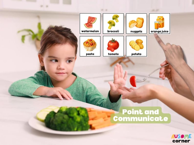 May include: A young child in a green shirt is looking at a plate of vegetables. The image includes illustrated food cards and a hand pointing at a tomato on a fork. Text on the image says "Point and Communicate".