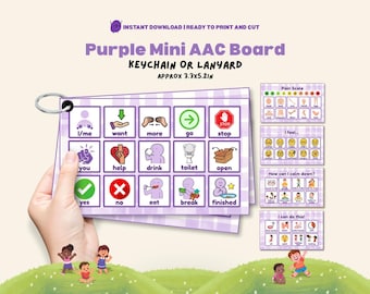 Purple Mini AAC Core Board Kids Travel Printable Cute AAC Chart Autism Portable Communication Cards Lanyard/Flashcards Nonverbal Language