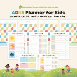May include: A colorful ADHD planner for kids, featuring monthly, weekly, and daily schedules, and chore charts. The design includes a variety of pastel colors and playful illustrations. The text "ADHD Planner for Kids" is prominently displayed.