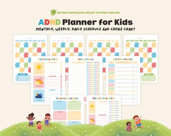 May include: A colorful ADHD planner for kids, featuring monthly, weekly, and daily schedules, and chore charts. The design includes a variety of pastel colors and playful illustrations. The text "ADHD Planner for Kids" is prominently displayed.