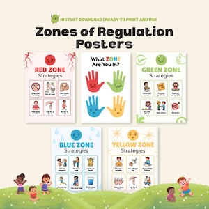 Op de afbeelding: Een set van vijf educatieve posters getiteld "Zones of Regulation Posters". De posters bevatten illustraties en tekst over emotionele regulatiestrategieën. De posters zijn in rood, groen, blauw en geel, met bovenaan de tekst "Zones of Regulation".