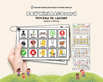 B&W Mini AAC Core Board Kids Travel Printable AAC Chart Autism Portable Minimalist Communication Cards Lanyard/Flashcards Nonverbal Language
