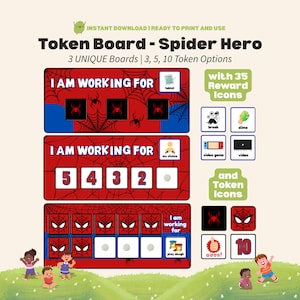 May include: A Spider Hero themed token board set featuring three boards with red and blue spiderweb patterns. The boards include text reading I AM WORKING FOR and spaces for tokens. Includes 35 reward icons and various token icons with spider designs.