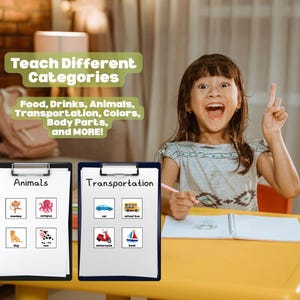 May include: A young girl points upwards while sitting at a yellow table. Two clipboards display images of animals and transportation. Text above reads "Teach Different Categories" and lists categories like food, animals, and colors.