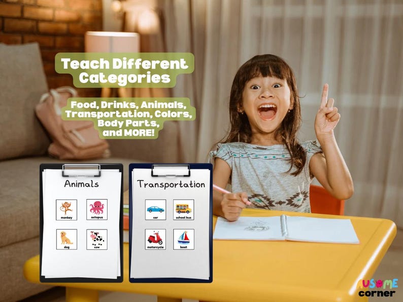 May include: A young girl points upwards while sitting at a yellow table. Two clipboards display images of animals and transportation. Text above reads "Teach Different Categories" and lists categories like food, animals, and colors.