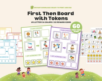 First Then Board with Tokens Reward Icons and Task Cards Autism Support Visual Schedule ADHD Printable ABA Therapy Tool