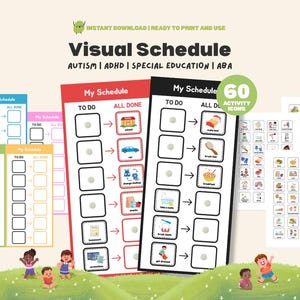 May include: Visual schedule printables for autism, ADHD, and special education. The image shows colorful charts with "To Do" and "All Done" sections, along with 60 activity icons. The text reads "Instant Download | Ready to Print and Use".
