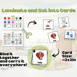 May include: Educational visual aid cards with illustrations and text, including "shower," "toilet," and "help." The cards are approximately 2x2 inches. The image also shows instructions to laminate, cut, bind, and carry the cards.