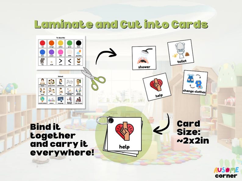 May include: Educational visual aid cards with illustrations and text, including "shower," "toilet," and "help." The cards are approximately 2x2 inches. The image also shows instructions to laminate, cut, bind, and carry the cards.