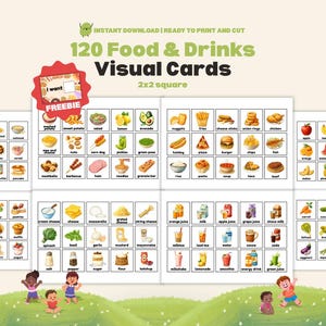 May include: A set of 120 Food & Drinks Visual Cards, ready to print and cut. The cards are 2x2 square and feature colorful illustrations of various foods and beverages, including fruits, vegetables, and snacks. The text "FREEBIE" is visible.