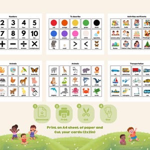 May include: Educational flashcards featuring numbers, colors, animals, activities, and transportation. The cards include illustrations of various animals, vehicles, and events. The text on the cards includes the words "Download", "Print", "Cut", and "Use".