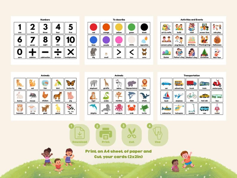 May include: Educational flashcards featuring numbers, colors, animals, activities, and transportation. The cards include illustrations of various animals, vehicles, and events. The text on the cards includes the words "Download", "Print", "Cut", and "Use".