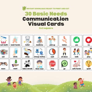 May include: A set of 30 Basic Needs Communication Visual Cards, 2x2 square, featuring illustrations for daily activities such as showering, eating, and sleeping. The cards include text labels and are designed for easy printing and cutting.
