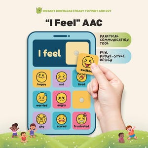 以下が含まれることがあります： 「I Feel」AACというタイトルのカラフルな教育用グラフィック。感情に基づいた絵文字を使った電話スタイルのデザインが特徴です。画像には「I feel」と「excited」という単語と、「Practical Communication Tool」と「Fun, Phone-Style Design」というフレーズが含まれています。