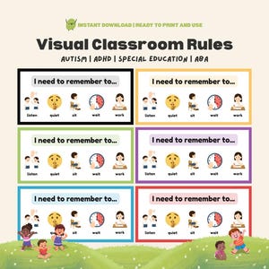 May include: A set of six visual classroom rules posters with the text "I need to remember to..." and icons for listening, being quiet, sitting, waiting, and working. The posters are in various colors and include the words "AUTISM | ADHD | SPECIAL EDUCATION | ABA".