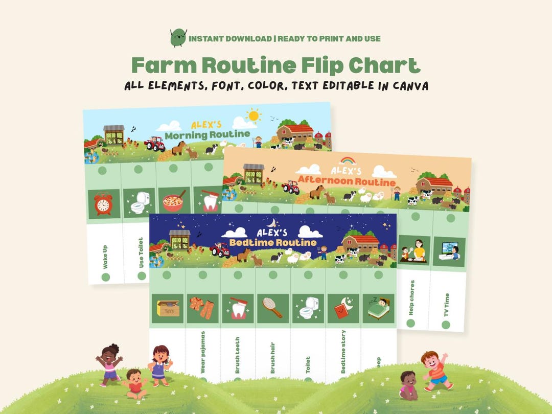 Farm Routine Chart for Kids Editable Flip Chart Toddler Morning Bedtime ...