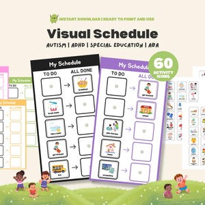 Könnte beinhalten: Ein visueller Zeitplan für Autismus, ADHS und Sonderpädagogik. Das Bild zeigt druckbare Zeitplanvorlagen mit Aktivitätssymbolen. Der Text lautet "My Schedule", "To Do" und "All Done". Das Bild enthält einen grünen Hintergrund mit Kindern.