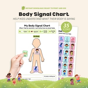 May include: A My Body Signal Chart educational printable featuring a central human figure outline, instructional steps, and a secondary sheet with 35 colorful emotion and physical sensation icons to help identify bodily feelings and reactions.