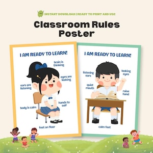 Puede incluir: Un conjunto de carteles de reglas del aula con el texto "I AM READY TO LEARN!" e ilustraciones de niños que demuestran buenos hábitos de aprendizaje. Los carteles están en marcos amarillos y verdes, con un fondo de hierba verde.