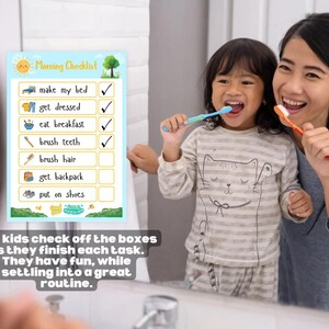 May include: A child and an adult brush their teeth in front of a mirror. A "Morning Checklist" poster is visible, listing tasks like "make my bed" and "brush teeth." The text on the poster encourages kids to check off tasks for a good routine.