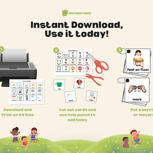 May include: An instructional graphic with the text "Instant Download, Use it today!" shows a printer, cards, scissors, and a lanyard. The cards feature images and text for school behavior and weather.