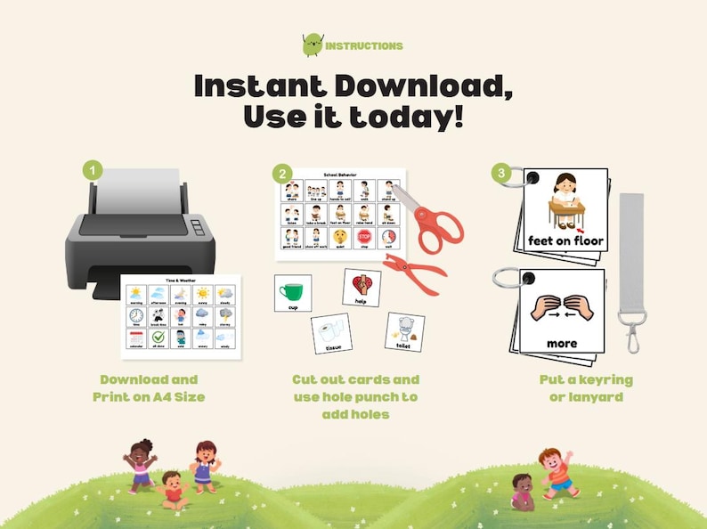 May include: An instructional graphic with the text "Instant Download, Use it today!" shows a printer, cards, scissors, and a lanyard. The cards feature images and text for school behavior and weather.