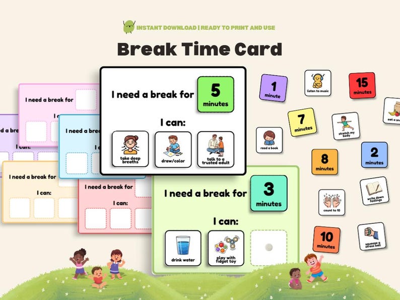 Work Break Timer Card Break Time Visual Support Cards With Calming Strategy Icons Self ...