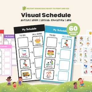 May include: Printable visual schedule with sections labelled "My Schedule", "To Do", and "All Done". Includes 60 activity icons, designed for autism, ADHD, special education, and ABA. The image shows colourful schedule cards and activity icons.