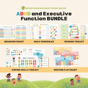 Materiales imprimibles para niños con TDAH: Paquete de funciones ejecutivas, planificador, lista de verificación, tablas de rutinas, sistema de recompensas por comportamiento, tarjetas de habilidades de afrontamiento y hojas de trabajo.