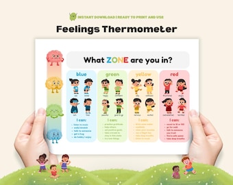 Puede incluir: Un gráfico de "Termómetro de Sentimientos" con el texto "What ZONE are you in?" e ilustraciones de niños que representan diferentes emociones. El gráfico incluye zonas para sentimientos azules, verdes, amarillos y rojos, con sugerencias para afrontarlos.