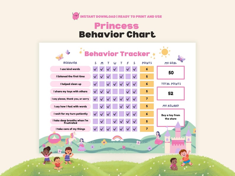 Princess Behavior Tracker Kids Printable Behavior Reward Chart Children ...
