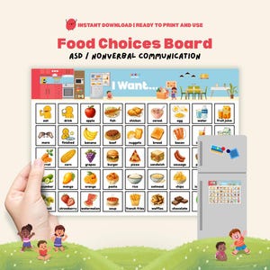 May include: A food choices board for nonverbal communication, featuring illustrations of various food items like fruits, vegetables, and meals. The board includes the text "I Want..." and is designed for instant download and print.
