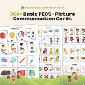 May include: A set of 360+ Basic PECS (Picture Exchange Communication System) cards, designed for immediate printing and cutting. The cards cover topics like school behaviour, weather, food, emotions, and animals. The image includes the text "INSTANT DOWNLOAD | READY TO PRINT AND CUT".