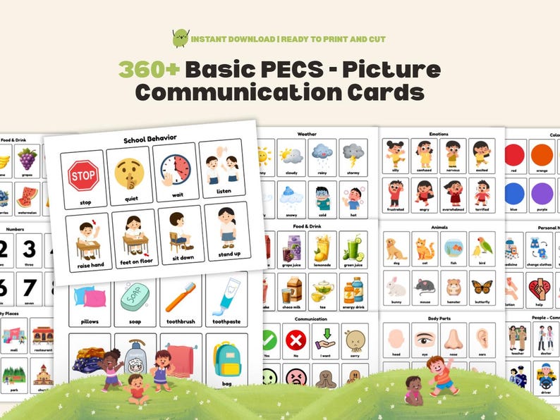 May include: A set of 360+ Basic PECS (Picture Exchange Communication System) cards, designed for immediate printing and cutting. The cards cover topics like school behaviour, weather, food, emotions, and animals. The image includes the text "INSTANT DOWNLOAD | READY TO PRINT AND CUT".