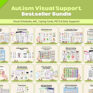 Pack d'assistance visuelle pour autisme | Calendriers visuels, PECS, cartes d'habiletés d'adaptation, tableau de communication AAC, tableau de jetons pour classe à domicile tout-en-un