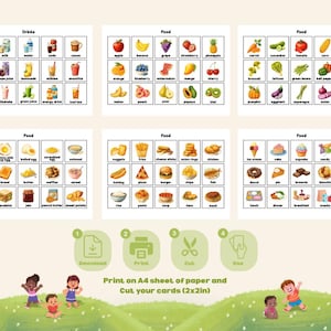 May include: Educational flashcards featuring illustrations of various foods and drinks, including fruits, vegetables, and beverages. The cards are organized into categories and include the text "Drinks" and "Food". Instructions are provided to print and cut the cards.