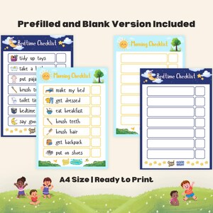 May include: A set of printable checklists for morning and bedtime routines. The checklists include prefilled and blank versions, with illustrations and text such as "tidy up toys" and "make my bed." The text "A4 Size | Ready To Print" is also included.