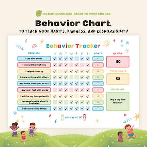 Può includere: Un grafico comportamentale colorato con il titolo "Behavior Chart" e il testo "To Teach Good Habits, Kindness, and Responsibility." Il grafico include un tracker comportamentale con caselle di controllo per ogni giorno della settimana e sezioni per punti e ricompense.