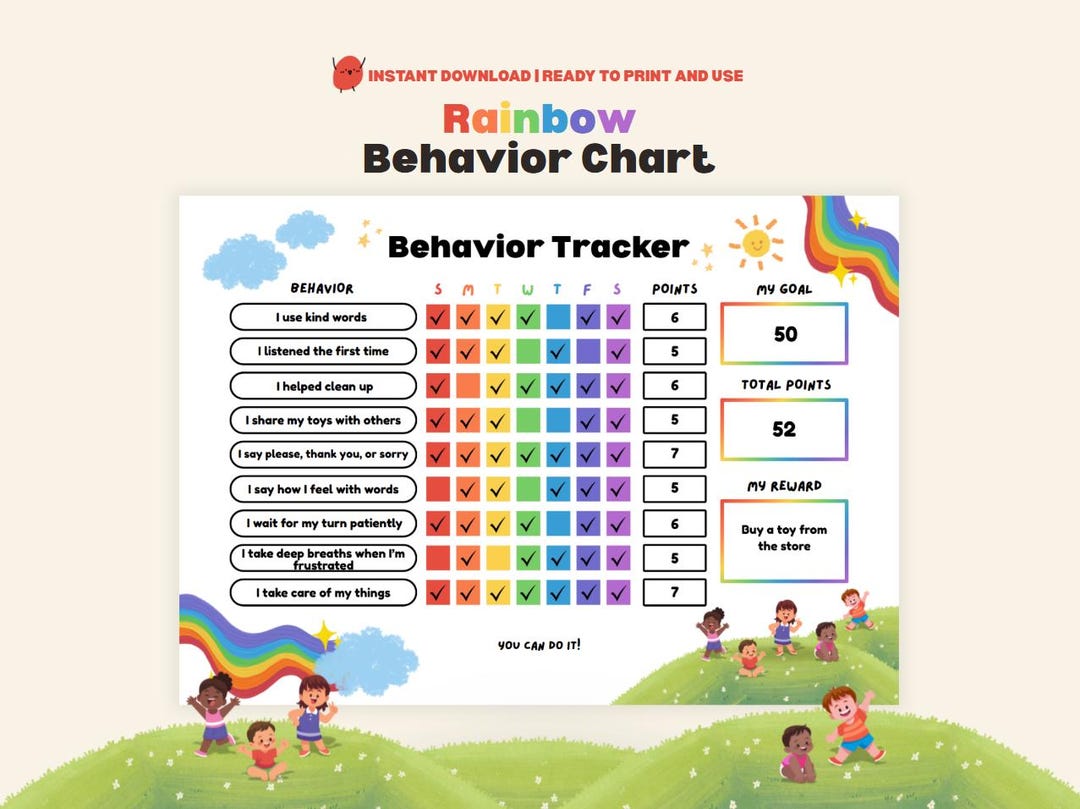 Rainbow Behavior Tracker Kids Printable Behavior Reward Chart Children ...