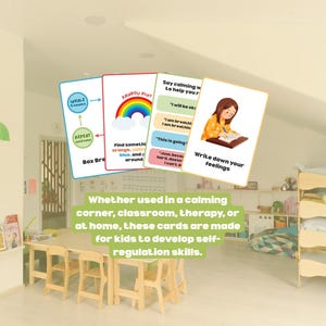 Op de afbeelding: Een set kleurrijke kaarten met illustraties en tekst, ontworpen voor zelfregulatievaardigheden. De kaarten tonen een regenboog, een meisje dat schrijft en zinnen als 'Het komt goed'. De tekst onderaan luidt 'Of het nu in een rustige hoek wordt gebruikt...'