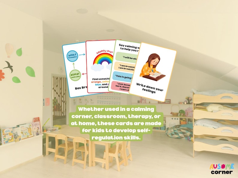 Op de afbeelding: Een set kleurrijke kaarten met illustraties en tekst, ontworpen voor zelfregulatievaardigheden. De kaarten tonen een regenboog, een meisje dat schrijft en zinnen als 'Het komt goed'. De tekst onderaan luidt 'Of het nu in een rustige hoek wordt gebruikt...'