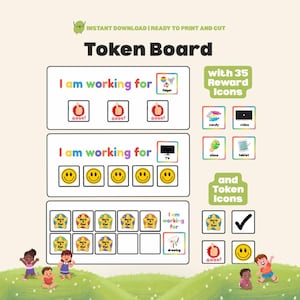 May include: A printable Token Board with the text "Token Board" and "I am working for". Includes reward icons like a TV, smiley faces, and a thumbs up. Features 35 reward icons and token icons. The words "INSTANT DOWNLOAD I READY TO PRINT AND CUT" are at the top.