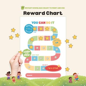 以下が含まれることがあります： 「Reward Chart」と「You Can Do It」の文字が入ったカラフルなご褒美チャート。星型のスペース、笑顔の太陽、そして「Believe in Yourself」と「Learn as you Grow」の文字が描かれたパスが特徴です。