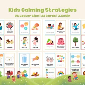 Op de afbeelding: Een set van 32 kalmerende strategiekaarten voor kinderen, US Letter formaat, 8,9 x 12,7 cm. Elke kaart toont een andere activiteit, zoals lezen, stretchen of naar muziek luisteren, met kleurrijke illustraties en tekst.